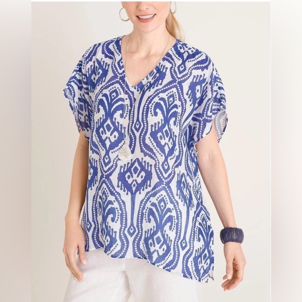 Chicos Washed IKAT Oversized Poncho Top Blue White 100% Linen Top Women’s Lg/XL